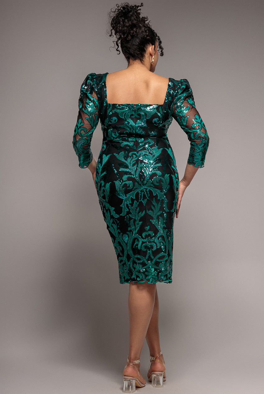 Square Neck Scalloped Embroidered Sequin Midi Dress - Emerald Green DR4124PLUS