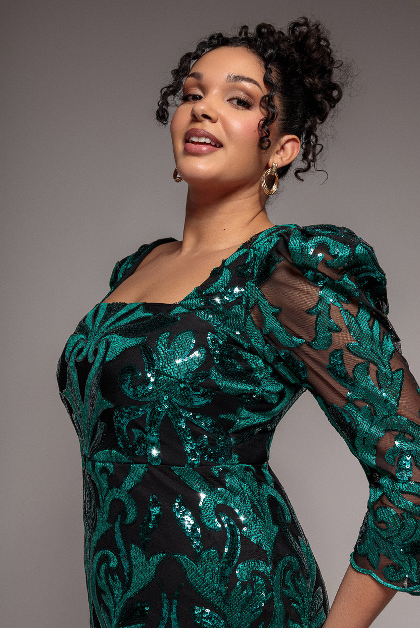 Square Neck Scalloped Embroidered Sequin Midi Dress - Emerald Green DR4124PLUS