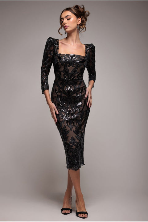Square Neck Scalloped Embroidered Sequin Midi Dress - Black by Goddiva