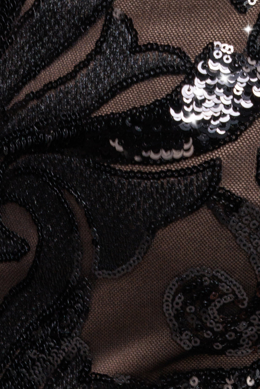 Square Neck Scalloped Embroidered Sequin Midi Dress - Black DR4124