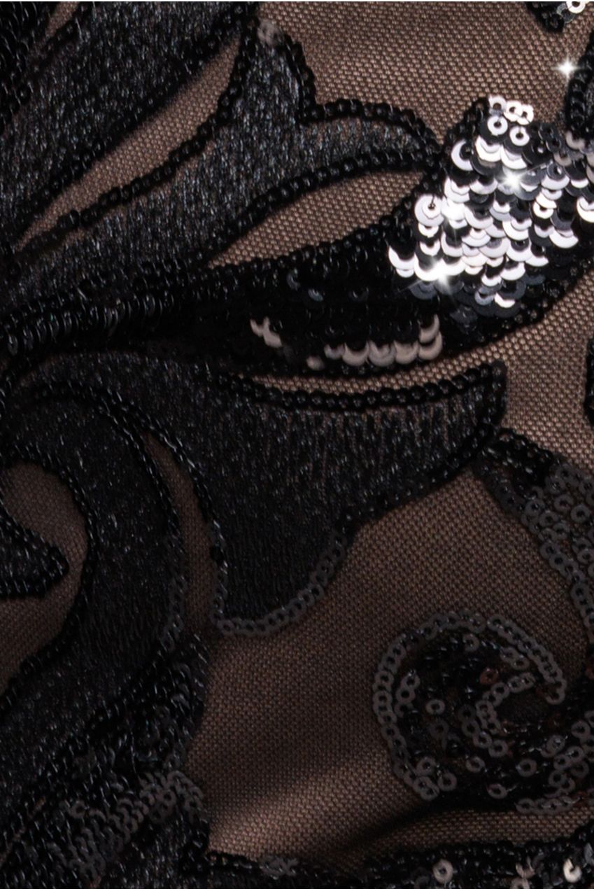 Square Neck Scalloped Embroidered Sequin Midi Dress - Black DR4124