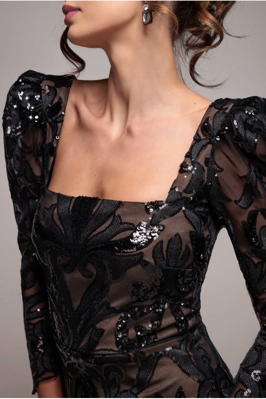 Square Neck Scalloped Embroidered Sequin Midi Dress - Black DR4124