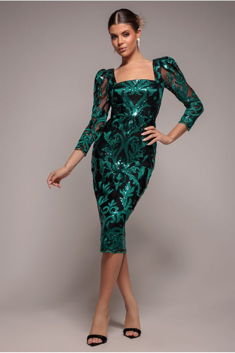 Square Neck Scalloped Embroidered Sequin Midi Dress - Emerald Green by Goddiva