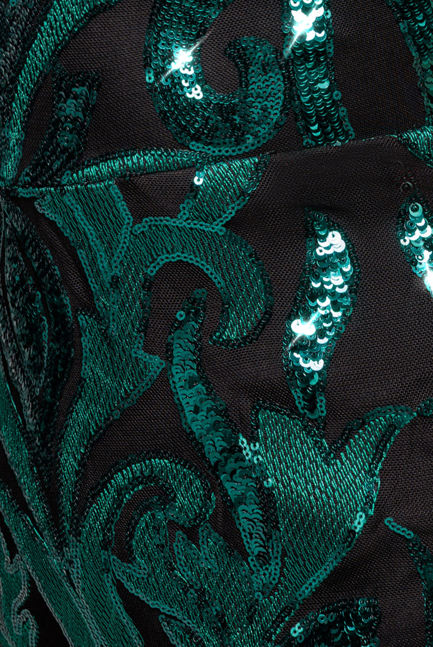 Square Neck Scalloped Embroidered Sequin Midi Dress - Emerald Green DR4124