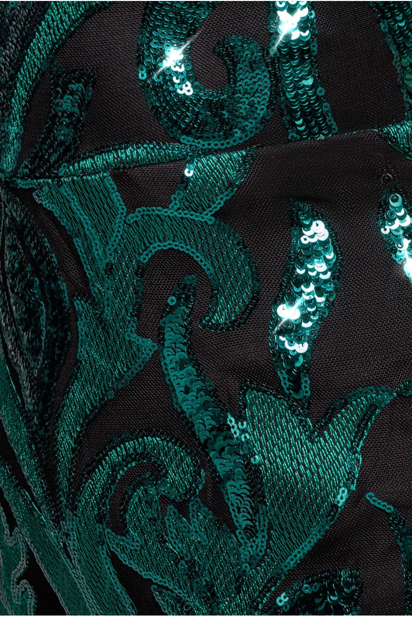 Square Neck Scalloped Embroidered Sequin Midi Dress - Emerald Green DR4124