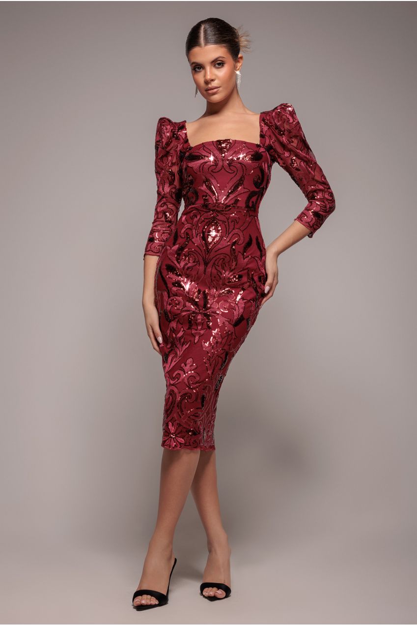 Square Neck Scalloped Embroidered Sequin Midi Dress - Wine DR4124