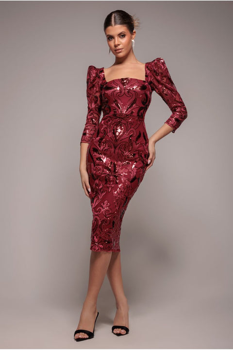 Square Neck Scalloped Embroidered Sequin Midi Dress - Wine by Goddiva