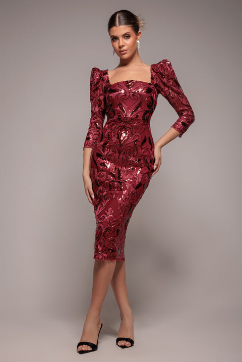 Square Neck Scalloped Embroidered Sequin Midi Dress - Wine by Goddiva