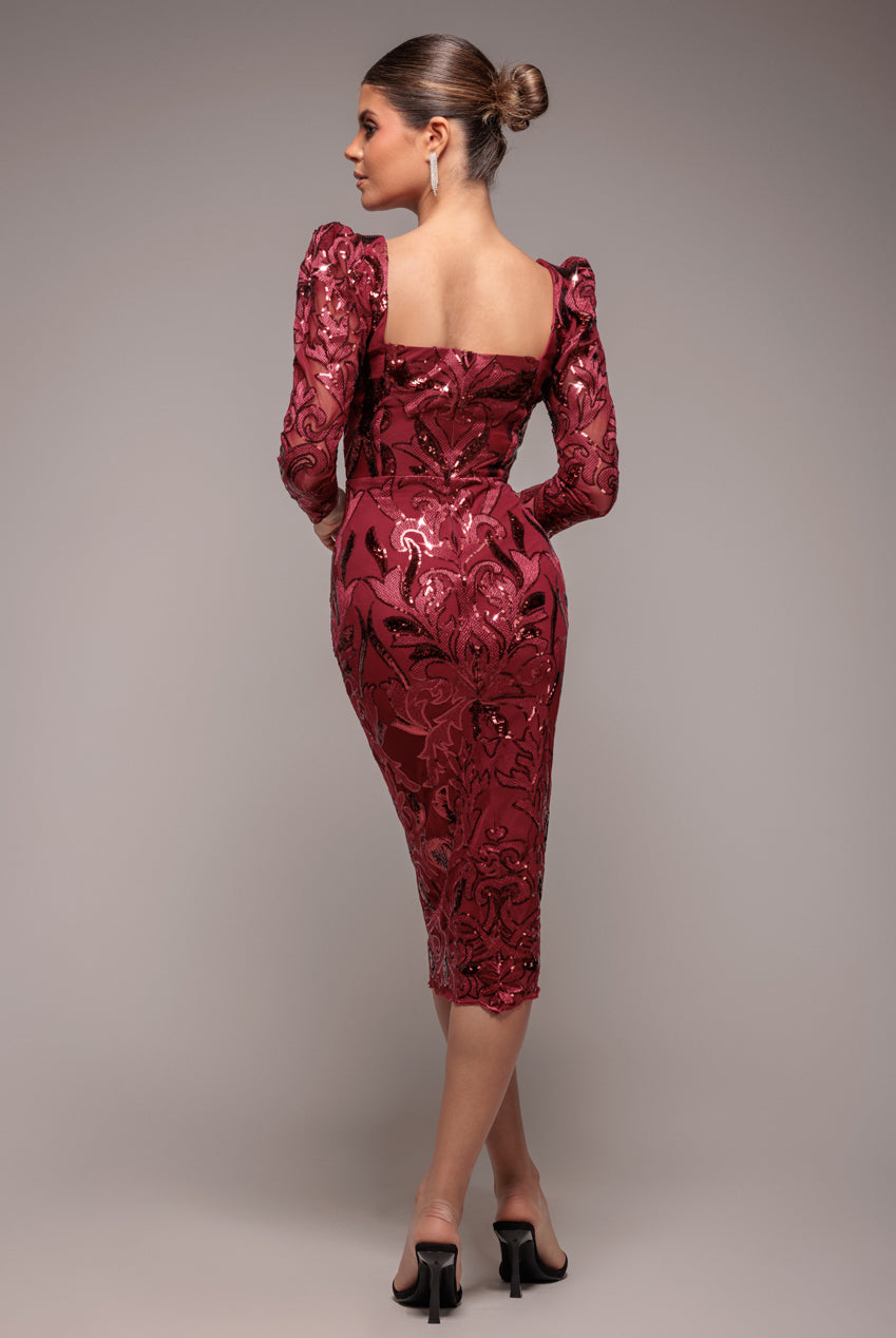 Square Neck Scalloped Embroidered Sequin Midi Dress - Wine DR4124