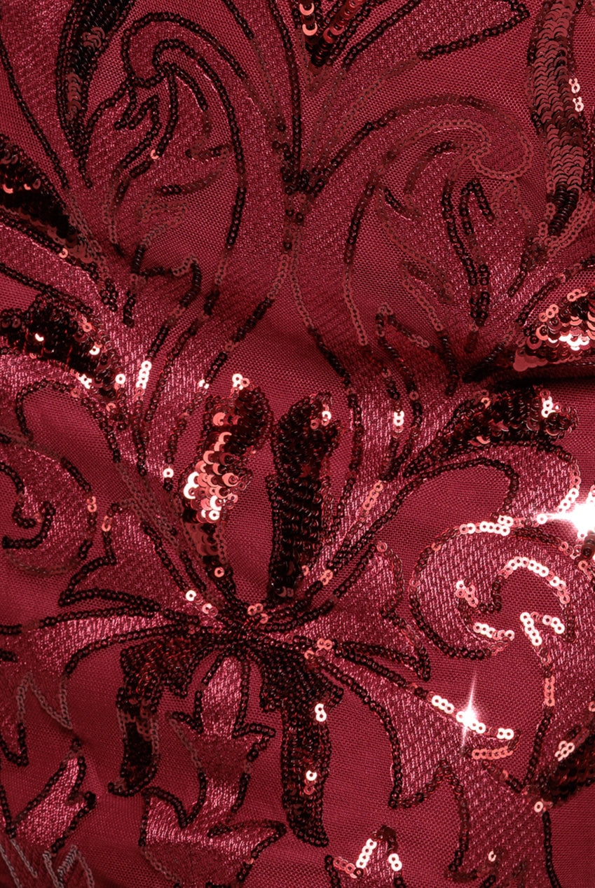 Square Neck Scalloped Embroidered Sequin Midi Dress - Wine DR4124