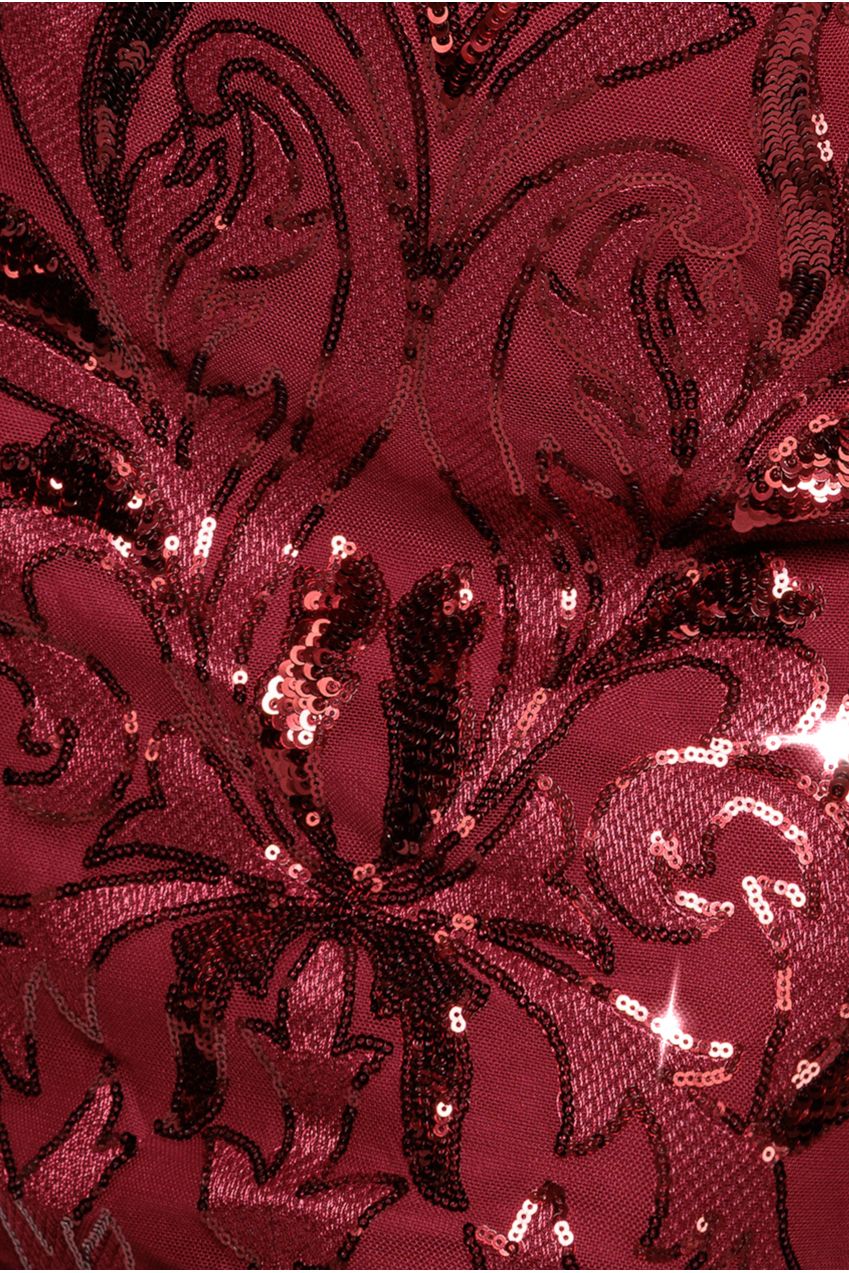 Square Neck Scalloped Embroidered Sequin Midi Dress - Wine DR4124