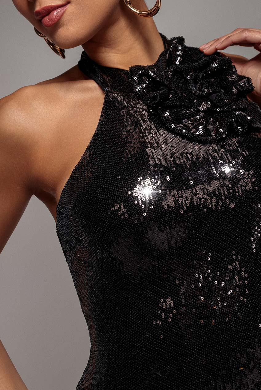 Liquid Sequin Halterneck Mini Dress With Corsage - Black DR4125