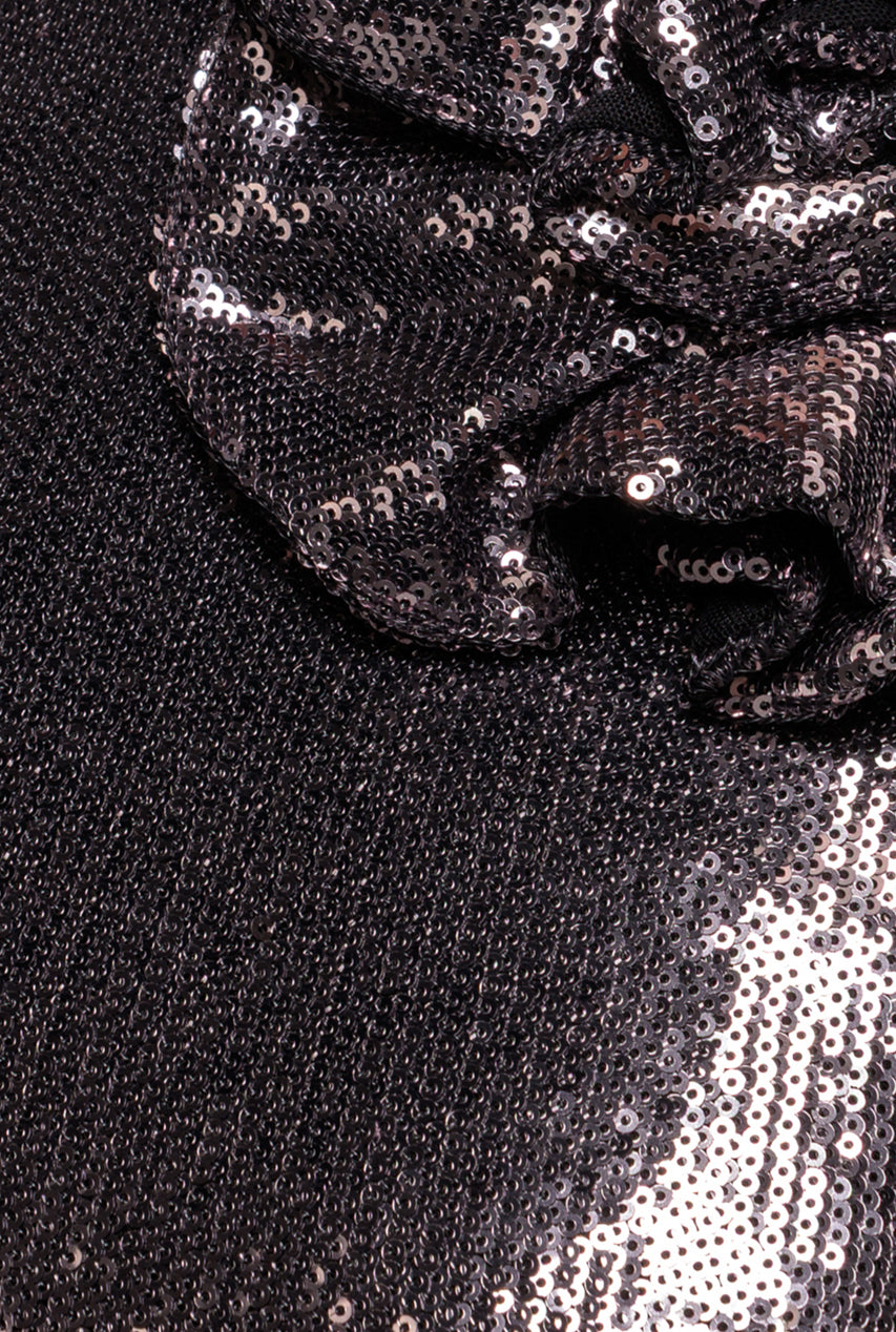 Liquid Sequin Halterneck Mini With Corsage - Silver DR4125