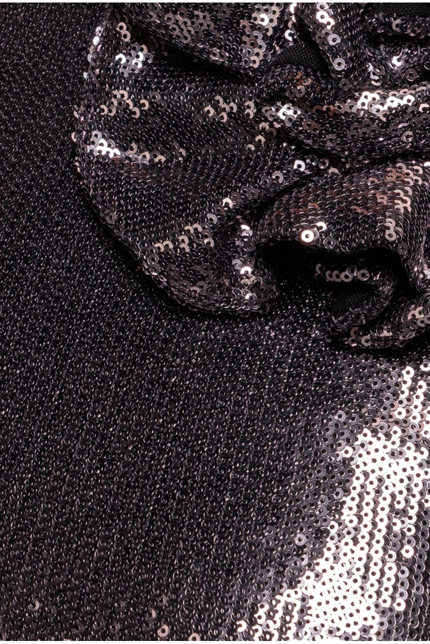 Liquid Sequin Halterneck Mini With Corsage - Silver DR4125