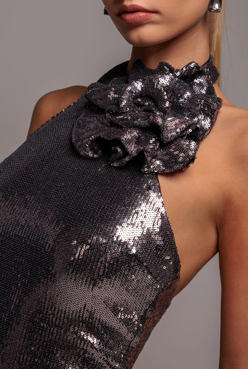 Liquid Sequin Halterneck Mini With Corsage - Silver DR4125