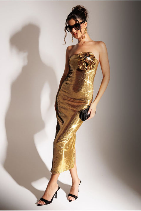 Liquid Sequin Boobtube Midaxi With Corsage - Gold by Goddiva