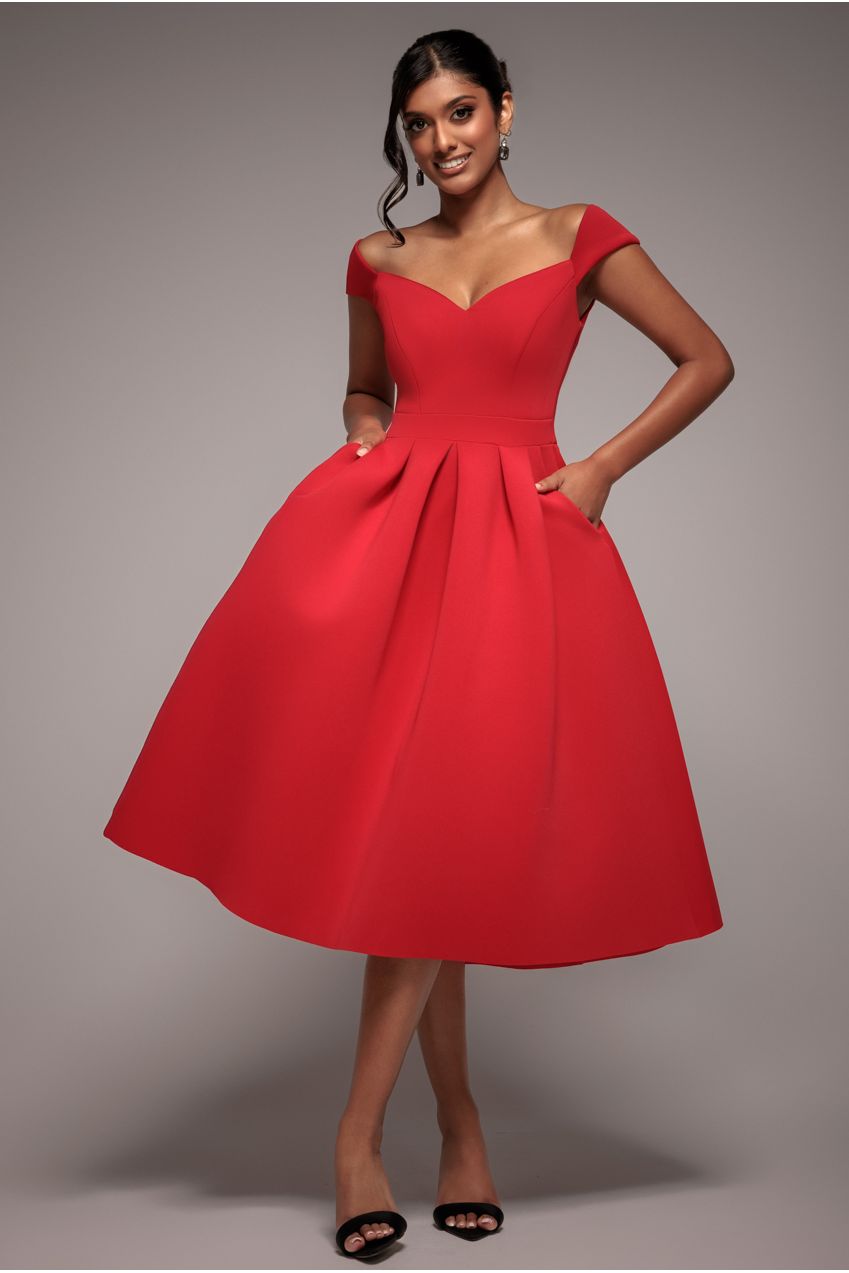 Scuba Foam Skater Midi Dress - Red DR4133