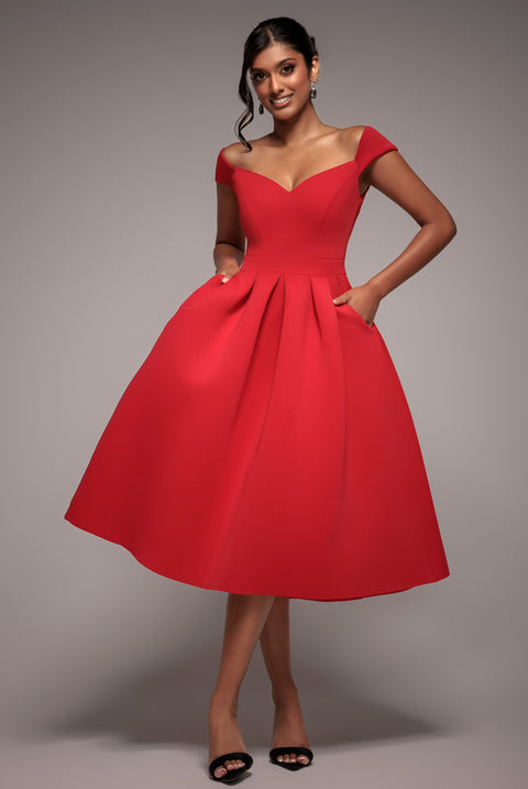 Scuba Foam Skater Midi Dress - Red by Goddiva