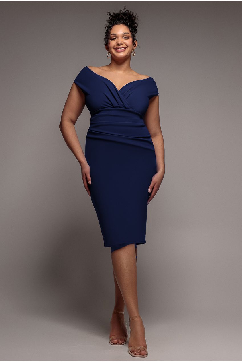 Scuba Bardot Pleated Midi Dress - Navy DR4135P