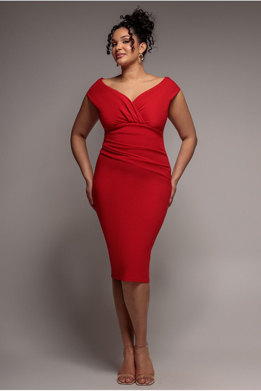 Scuba Bardot Pleated Midi Dress - Red DR4135P