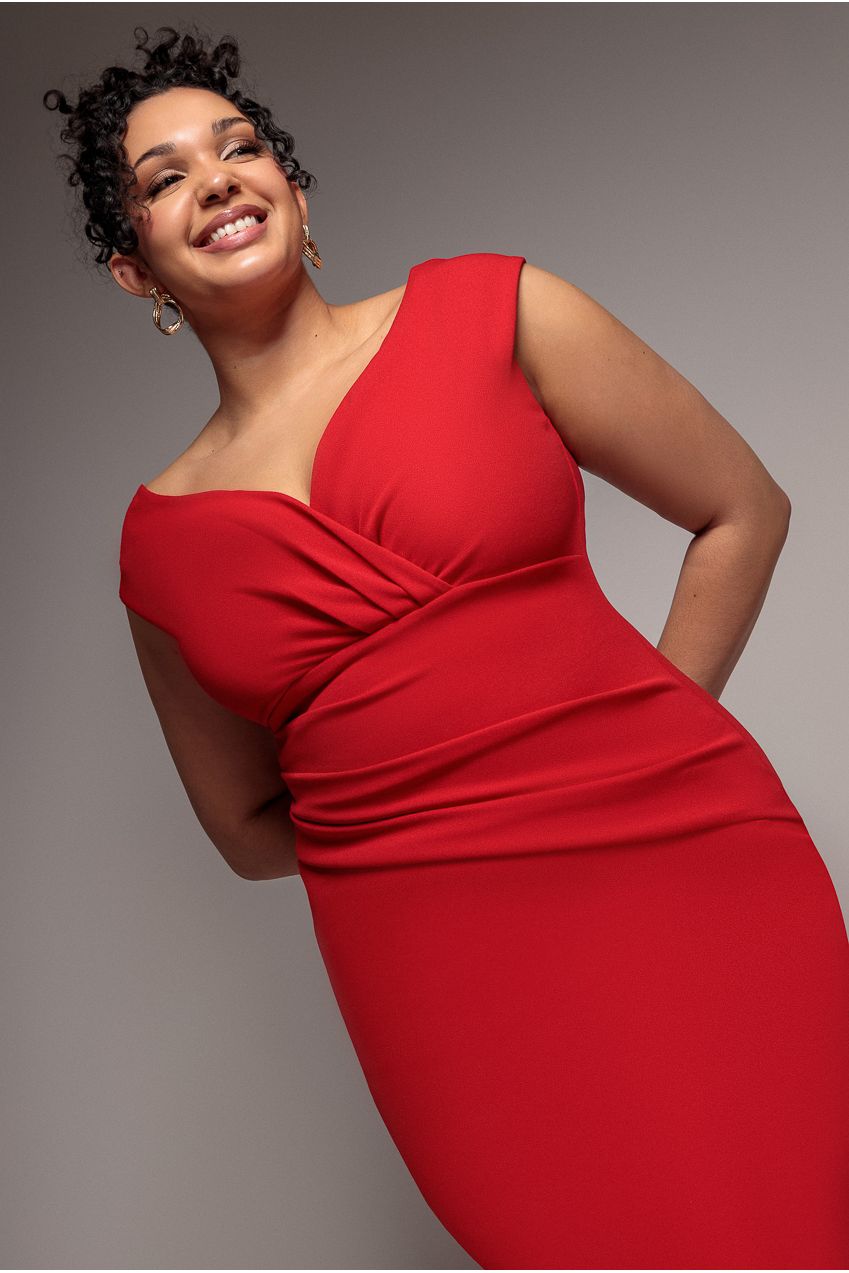 Scuba Bardot Pleated Midi Dress - Red DR4135P