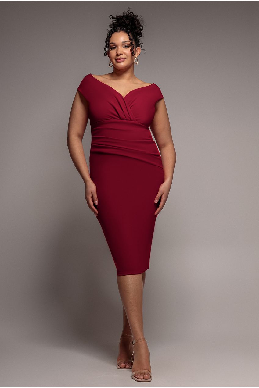 Scuba Bardot Pleated Midi Dress - Wine DR4135P
