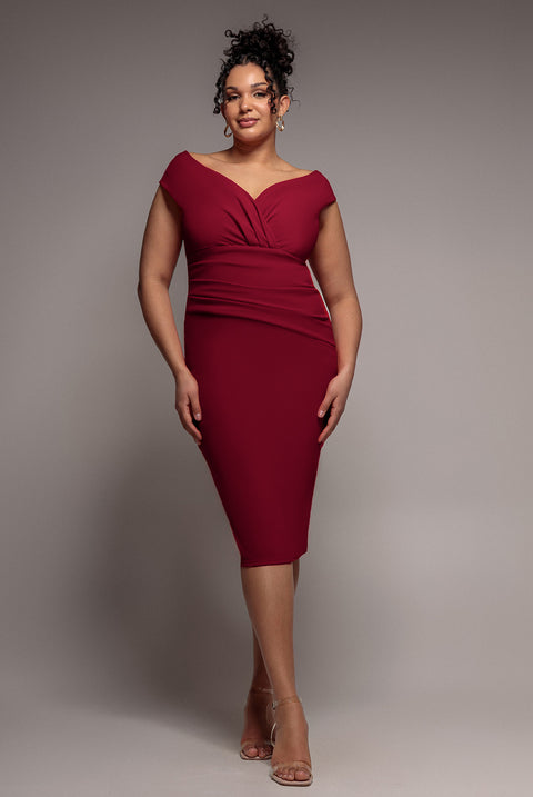 Scuba Bardot Pleated Midi Dress - Wine by Goddiva Plus
