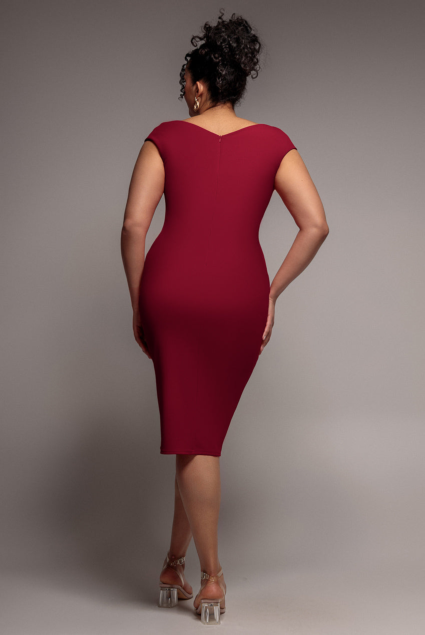 Scuba Bardot Pleated Midi Dress - Wine DR4135P