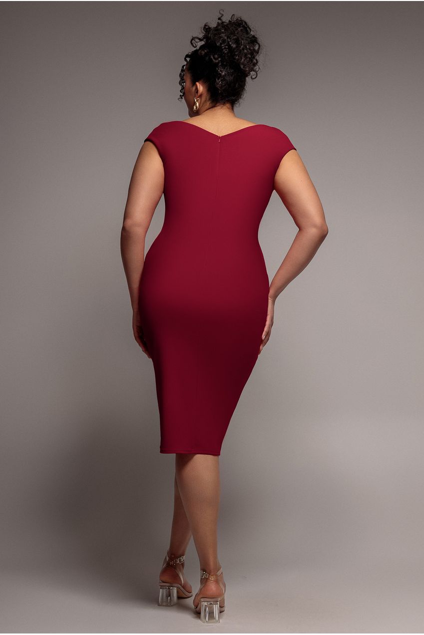 Scuba Bardot Pleated Midi Dress - Wine DR4135P