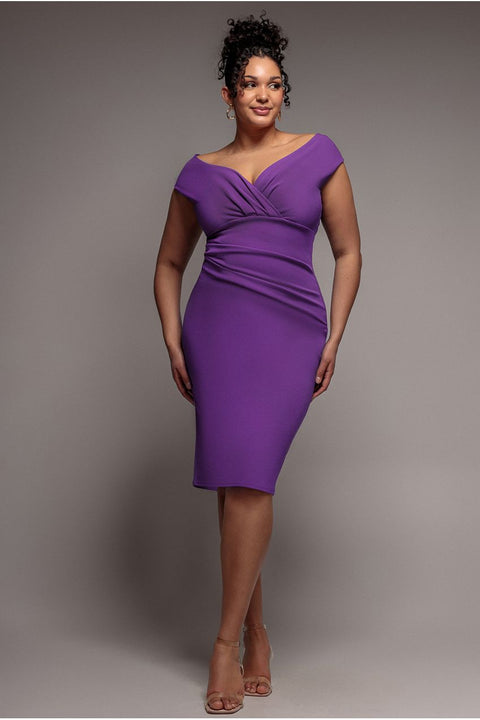 Scuba Bardot Pleated Midi Dress - Purple by Goddiva Plus