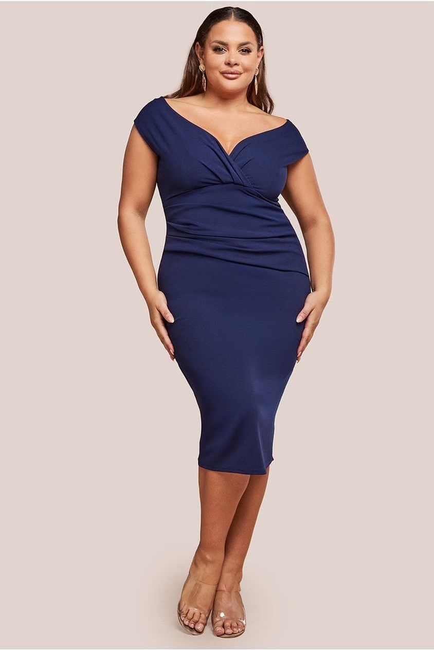 Scuba Bardot Pleated Midi Dress - Navy DR4135P