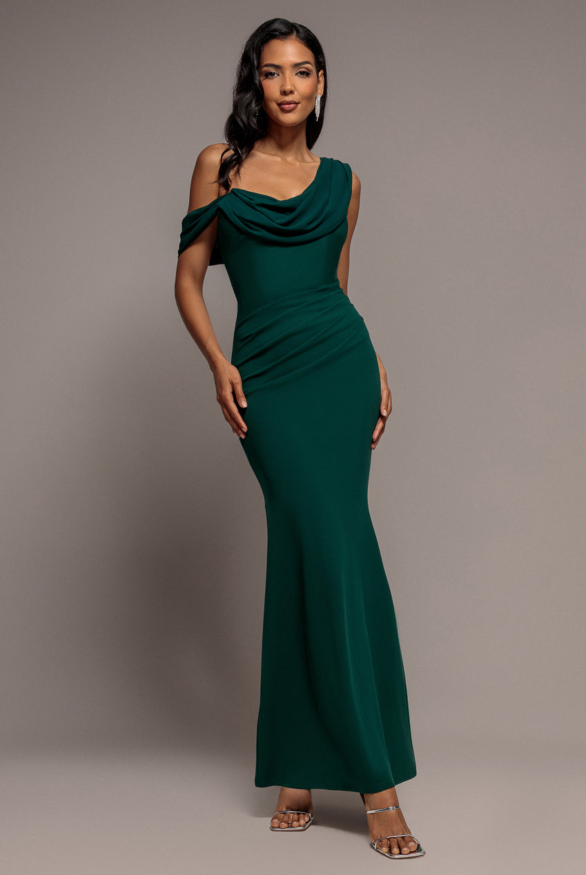 Cowl Neck One Shoulder Scuba & Chiffon Maxi Dress - Emerald Green DR4137