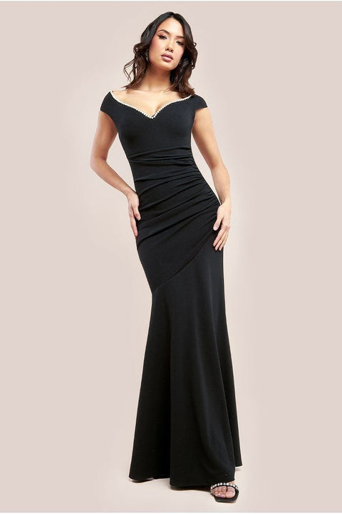 Pearl Detail Scuba Crepe Maxi Dress - Black by Goddiva