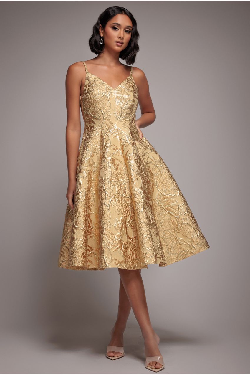 Jacquard Sleeveless A-line Midi Dress - Gold DR4163