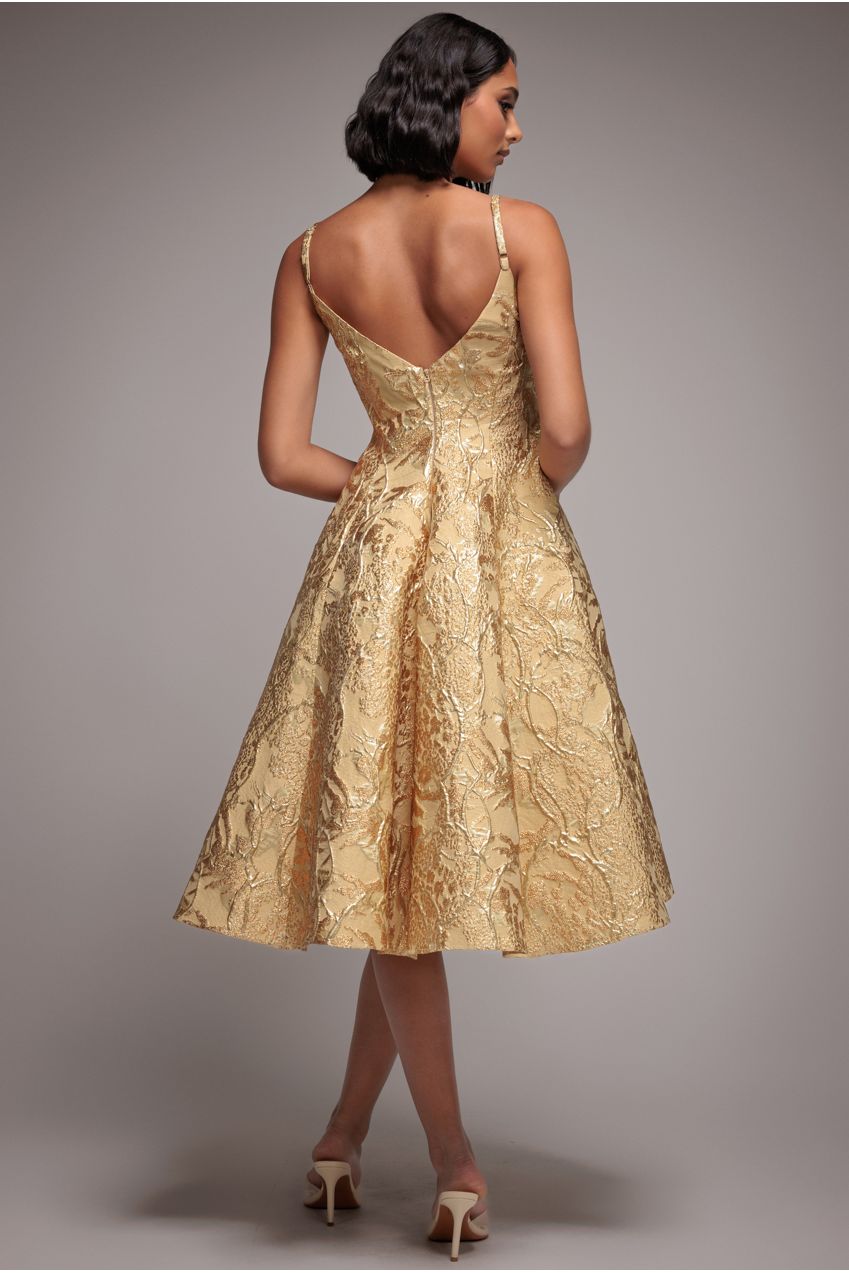 Jacquard Sleeveless A-line Midi Dress - Gold DR4163
