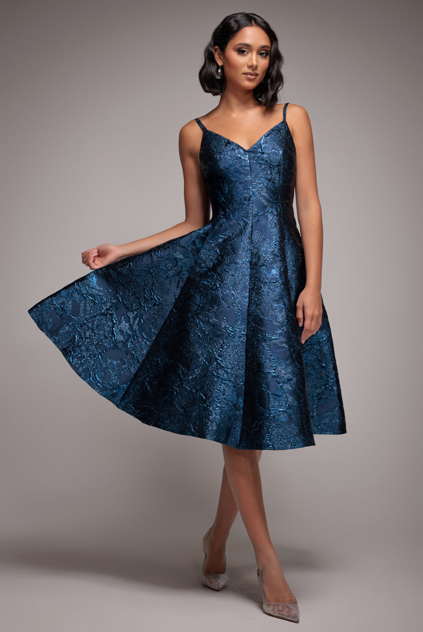 Jacquard Sleeveless A-line Midi Dress - Navy Blue DR4163