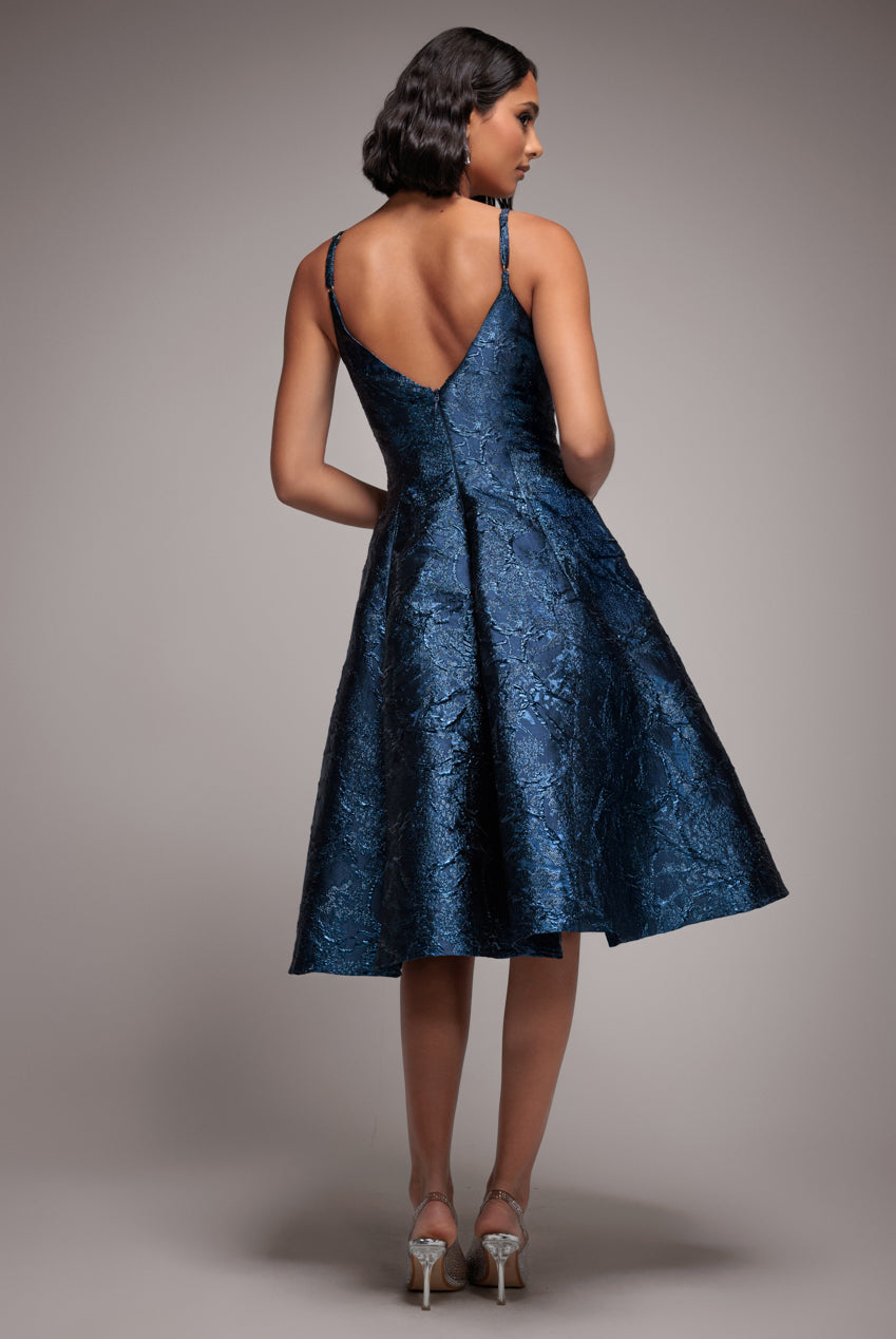Jacquard Sleeveless A-line Midi Dress - Navy Blue DR4163