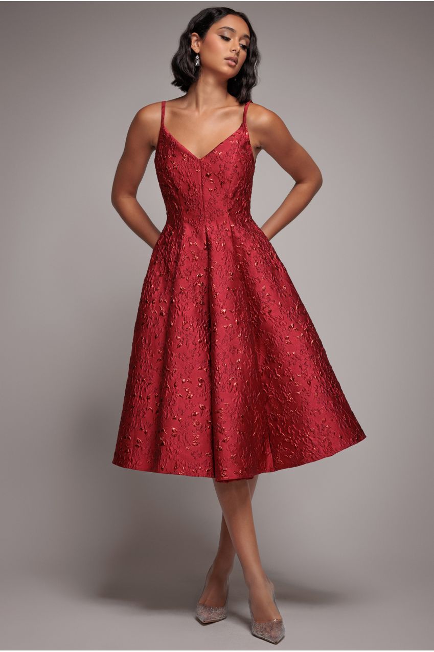 Jacquard Sleeveless A-line Midi Dress - Red DR4163