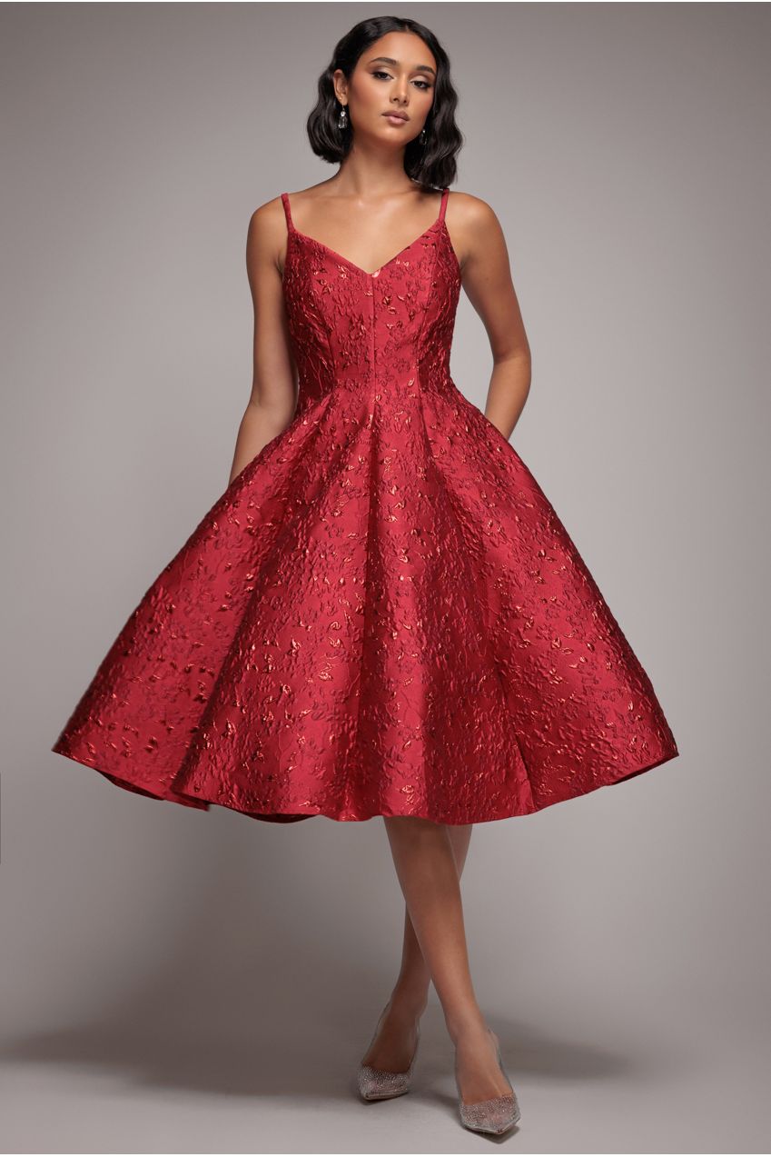 Jacquard Sleeveless A-line Midi Dress - Red DR4163