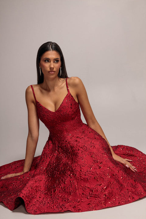 Jacquard Sleeveless A-line Midi Dress - Red by Goddiva