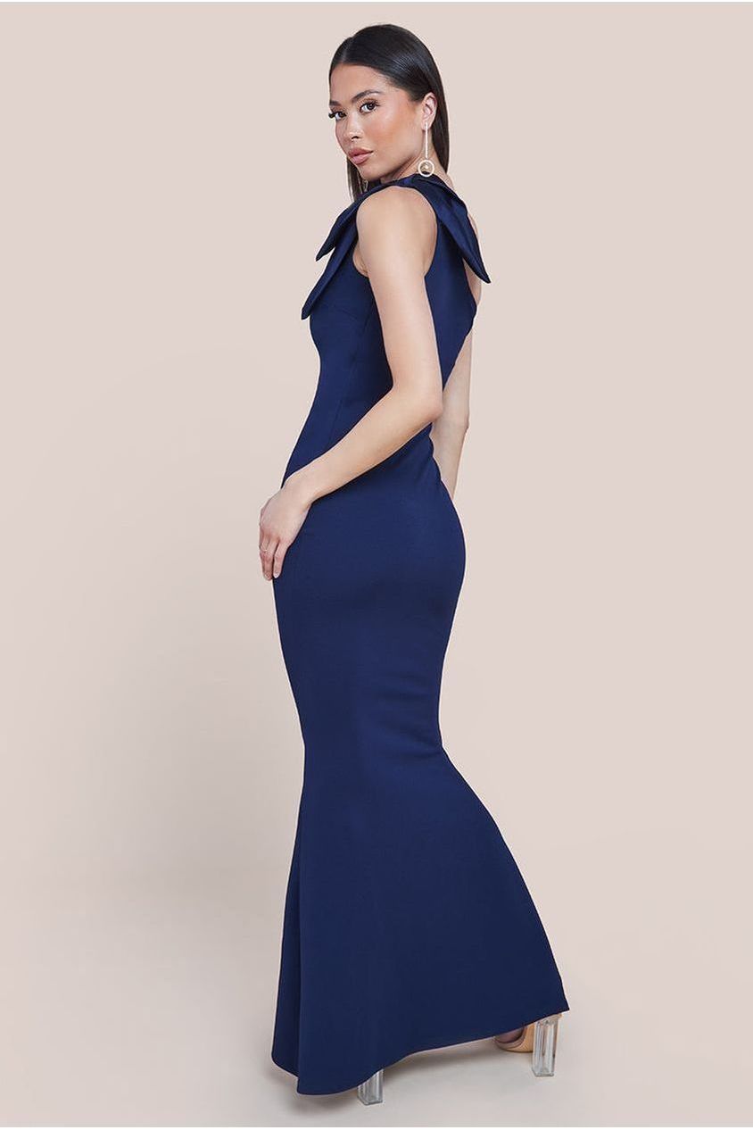 One Shoulder Satin Bow Scuba Crepe Maxi Dress - Navy DR4183