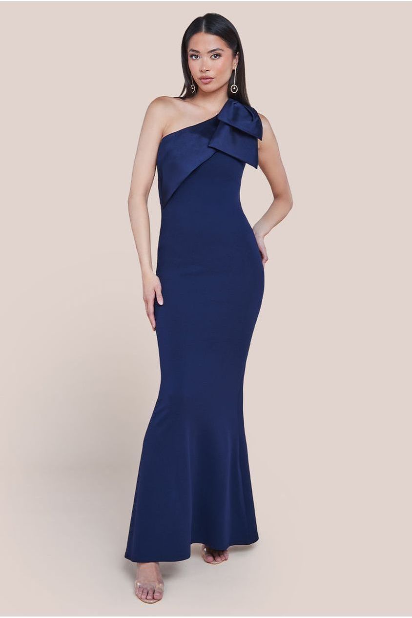 One Shoulder Satin Bow Scuba Crepe Maxi Dress - Navy DR4183