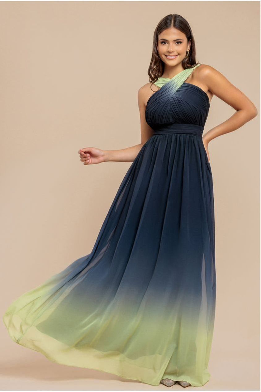 Ombre Cross Front Pleated Maxi Dress - Lime Ombre DR4188