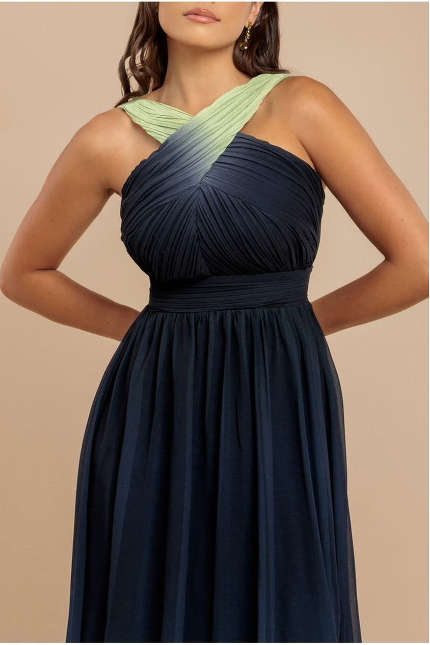 Ombre Cross Front Pleated Maxi Dress - Lime Ombre DR4188