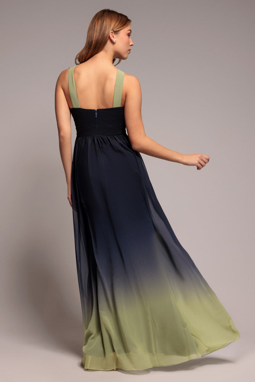Ombre Cross Front Pleated Maxi Dress - Lime Ombre DR4188