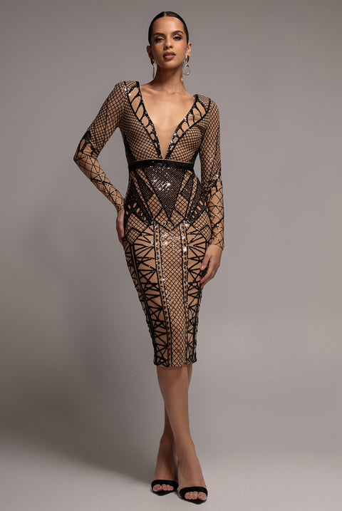 Geometric Sequin Plunge Midi - Black by Goddiva