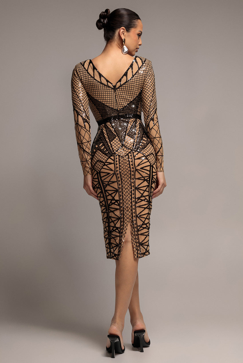 Geometric Sequin Plunge Midi - Black DR4191