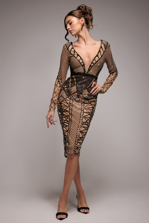 Geometric Sequin Plunge Midi - Black by Goddiva
