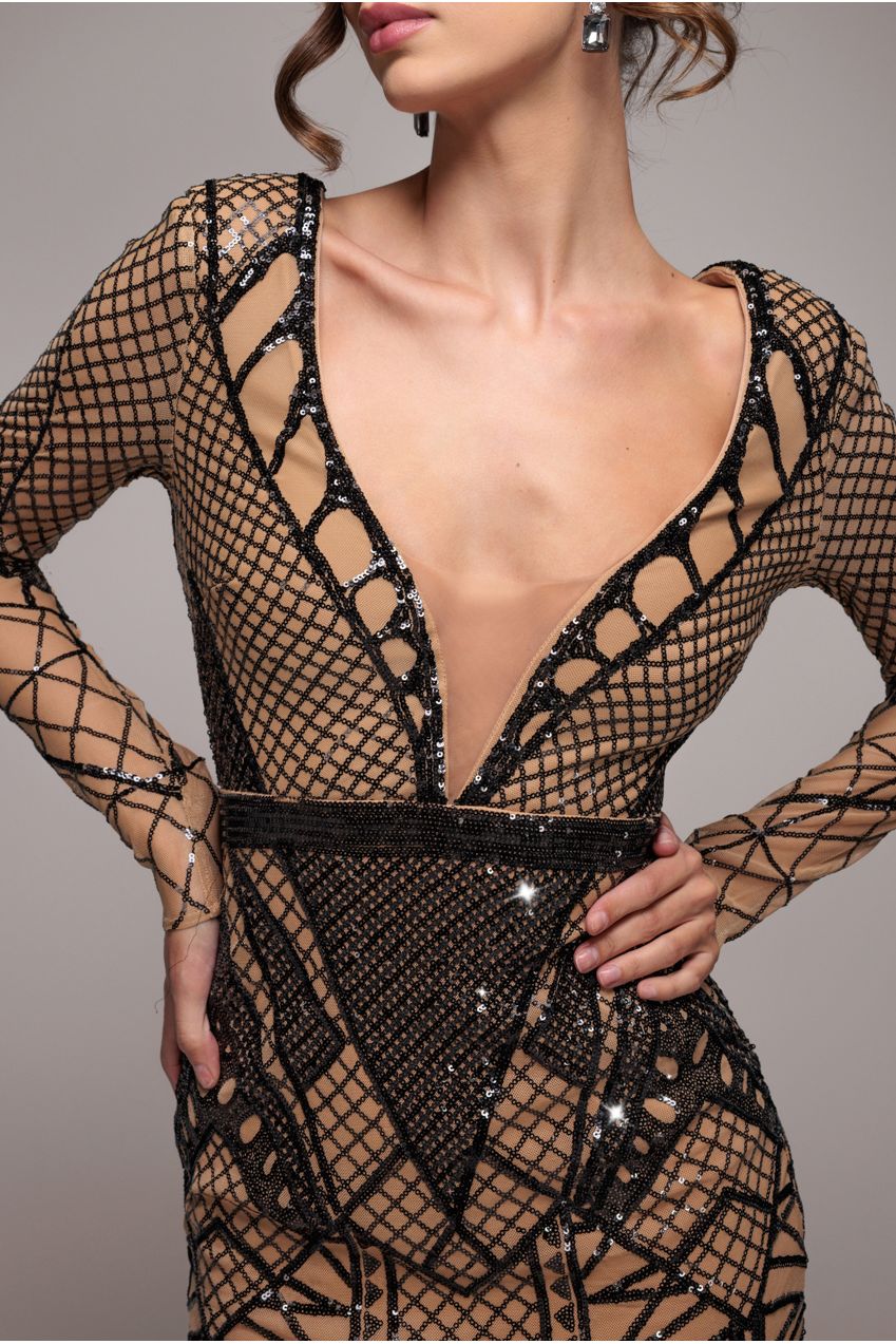 Geometric Sequin Plunge Midi - Black DR4191