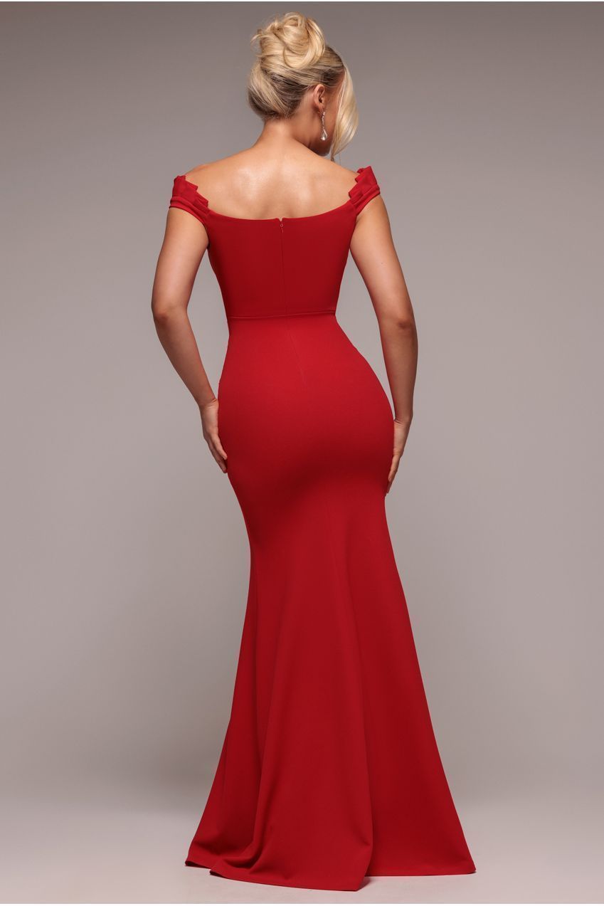 Off The Shoulder Frill Gathered Maxi Dress - Red DR4204